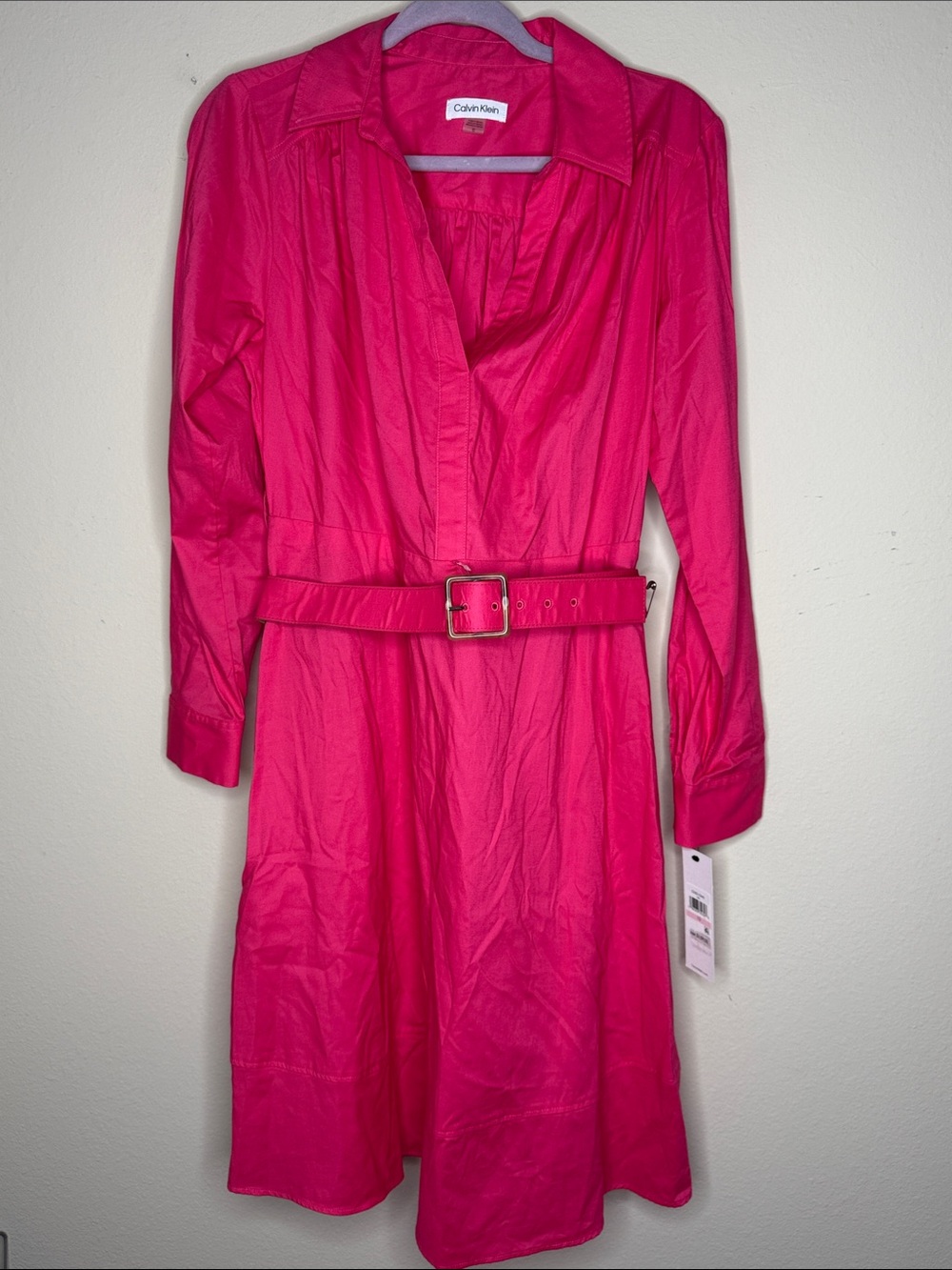 Calvin Klein Hot Pink Long-Sleeve Belted Shirt Dress Size 10 NWT